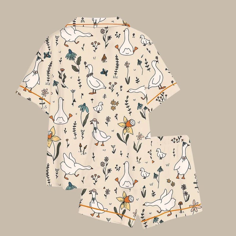 Satin Goose Print Pajama Set – Button-Up Sleepwear, Farm Animal Lounge Loungewear image 2