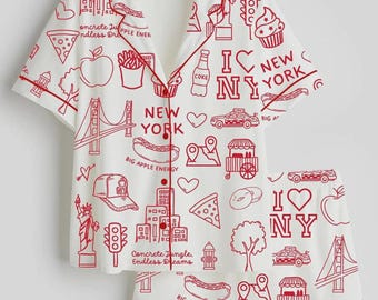 New York City Icons Satin Pajama Set, Big Apple Doodle Sleepwear Gift