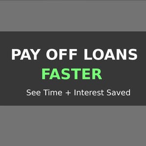 Könnte beinhalten: Eine dunkelgraue rechteckige Grafik mit dem weißen Text PAY OFF LOANS, dem hellgrünen Text FASTER und dem weißen Text See Time + Interest Saved. Das Design ist auf einem einfarbigen grauen Hintergrund zentriert und zeigt eine klare Botschaft.