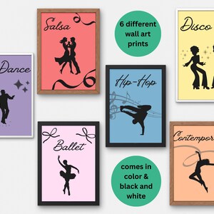 Set of 6 Beautiful Dance Styles Wall Art Prints in Color & in Black and White (Digital Download)