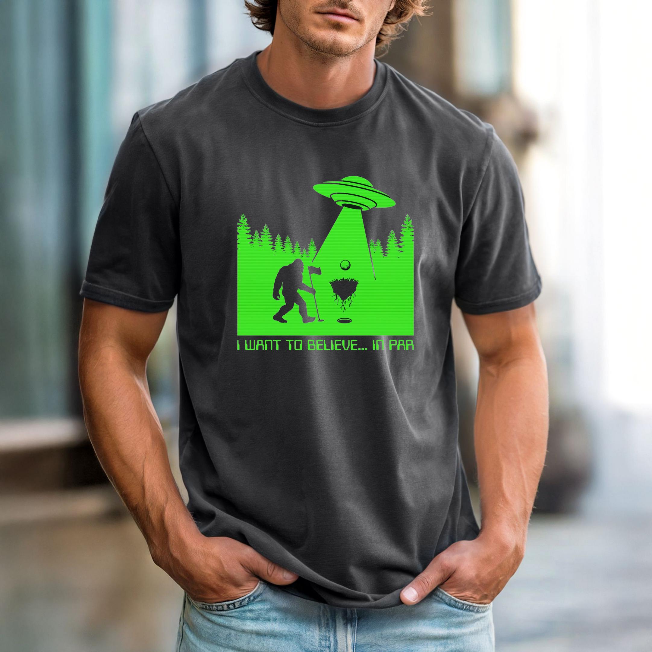 Bigfoot Sasquatch Golfing With UFO Flag Stick T-shirt | Alien Beam Tee ...