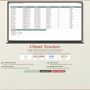 May include: A digital client tracker template for service businesses, displayed on a laptop screen. The template includes client data, revenue, and visit metrics. The image also shows key features like a contact directory and service history.