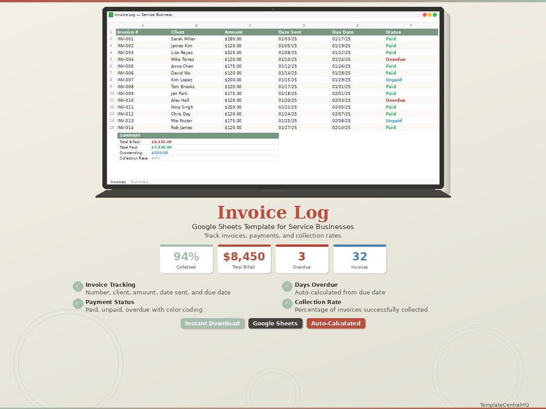 Invoice Log Label Invoice Log Spreadsheet | Google Sheets, Service Business Template - Etsy