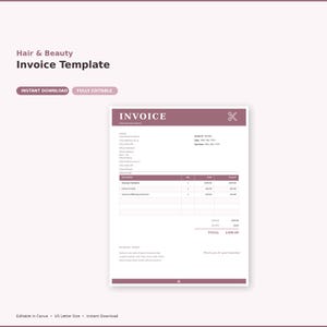 May include: A mauve and white invoice template for hair and beauty services. The template includes fields for client information, service descriptions, and a total amount. The words "Hair & Beauty Invoice Template" are at the top. The invoice is fully editable and available for instant download.