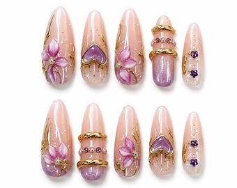 Luxury 3D Gold Filigree Press On Nails, Purple Floral Stiletto Nails, Victorian Aesthetic Fake Nails, Handmade Reusable Nails