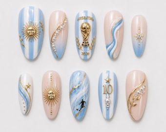 Argentina WC 2026 Press On Nails, Argentina Football Nails, Soccer Fan Nails, Blue White Nail Set