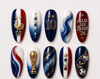 French Soccer Press On Nails, Soccer Championship 2026 Nail Set, French Flag Nails, Luxury Allez Les Bleus