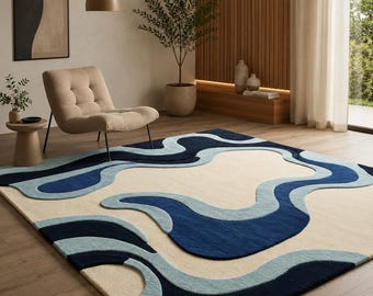 Modern Abstract Blue Area Rug | Handmade Tufted Carpet | Contemporary Living Room & Bedroom Rug | Minimalist Home Decor