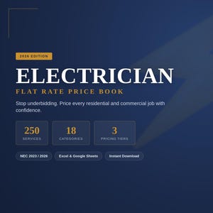 Puede incluir: Un documento digital azul oscuro titulado 2026 EDITION ELECTRICIAN FLAT RATE PRICE BOOK. Incluye 250 servicios, 18 categorías, 3 niveles de precios, cumplimiento NEC 2023/2026, compatibilidad con Excel y Google Sheets, y descarga instantánea.