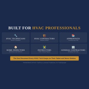 K&ouml;nnte beinhalten: Eine marineblaue Grafik mit dem Text "BUILT FOR HVAC PROFESSIONALS". Die Grafik enth&auml;lt sechs K&auml;stchen mit Titeln wie "HVAC TECHNICIANS" und "HVAC CONTRACTORS". Der untere Teil der Grafik enth&auml;lt den Text "The One Document Every HVAC Tech Keeps on Their Tablet and Never Deletes."