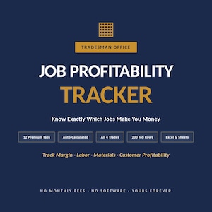 Op de afbeelding: Een marineblauwe afbeelding met de tekst "TRADESMAN OFFICE" en "JOB PROFITABILITY TRACKER". De afbeelding bevat ook de tekst "Know Exactly Which Jobs Make You Money" en andere productdetails.