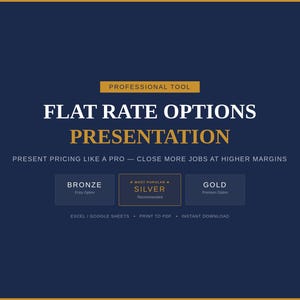 May include: A navy blue graphic with gold and white text that reads "FLAT RATE OPTIONS PRESENTATION". Below the title are the words "PRESENT PRICING LIKE A PRO - CLOSE MORE JOBS AT HIGHER MARGINS". There are three boxes labeled "BRONZE", "SILVER", and "GOLD".