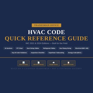 以下が含まれることがあります： ネイビーブルーのHVACコードクイックリファレンスガイド、金色のテキスト。ダクトサイジング、冷媒テーブル、電気コードに関するセクションが含まれています。「Built by a Licensed Tradesman」のテキストも表示されています。