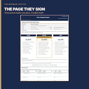 May include: A service options proposal document titled Tradesman Office, featuring three pricing tiers labeled Good, Better, and Best. The form includes sections for client information, scope of work, detailed service lists, and an acceptance signature area.