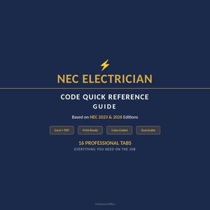 Könnte beinhalten: Ein marineblauer Leitfaden mit dem Titel "NEC Electrician Code Quick Reference Guide" mit goldenem Text und einer Blitzgrafik. Der Leitfaden basiert auf den NEC 2023 & 2026 Editions und enthält 16 professionelle Registerkarten.