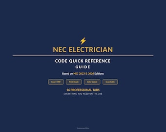 May include: A navy blue guide titled "NEC Electrician Code Quick Reference Guide" with gold text and a lightning bolt graphic. The guide is based on the NEC 2023 & 2026 Editions and includes 16 professional tabs.