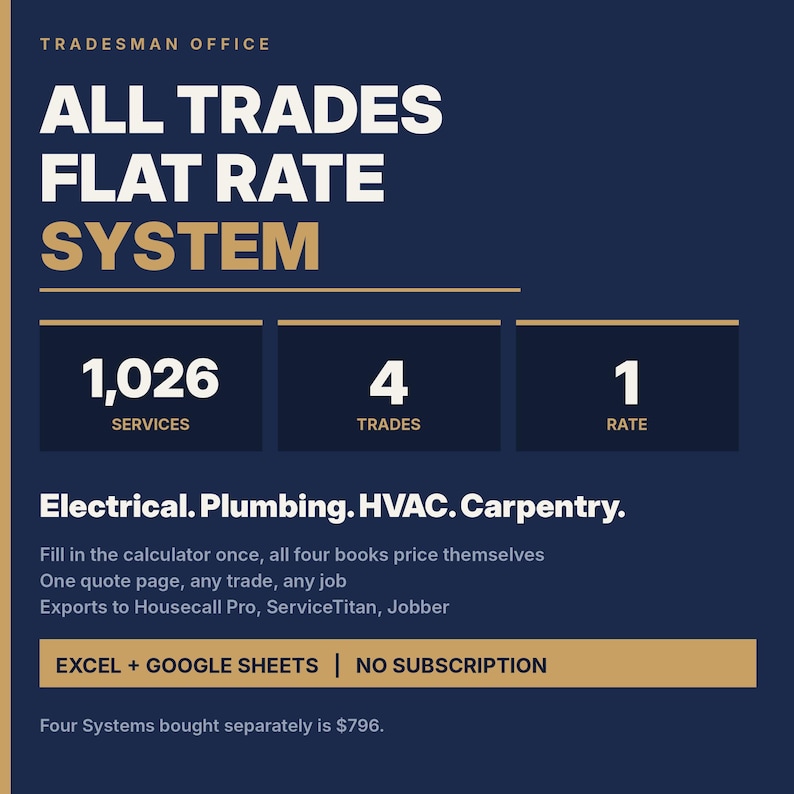 Système de tarification forfaitaire pour tous les corps de métier, 1026 services, électricité, plomberie, chauffage, ventilation, climatisation, menuiserie, calculateur de seuil de rentabilité, générateur de devis, Excel image 1