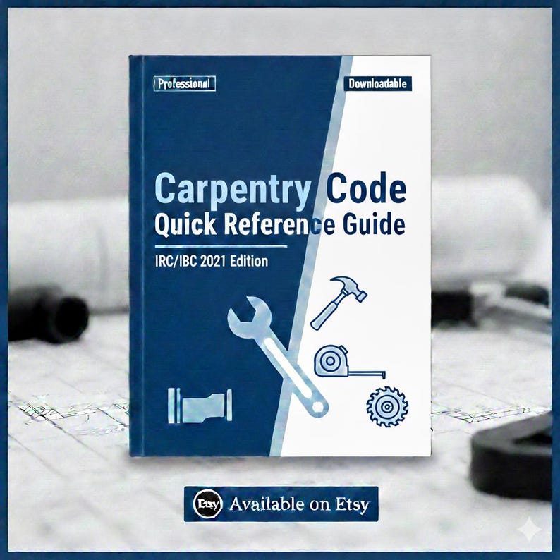 Puede incluir: Un libro azul y blanco titulado "Carpentry Code Quick Reference Guide" con el texto "IRC/IBC 2021 Edition". La portada presenta ilustraciones de herramientas. El logotipo de Etsy y el texto "Available on Etsy" est&aacute;n en la parte inferior.