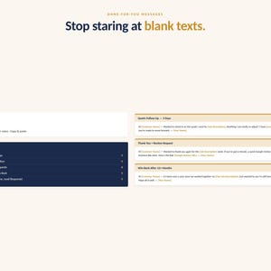 May include: A digital graphic with the text "Stop staring at blank texts." The image features a list of 30 templates, with five categories listed in a dark blue box. The background is a light beige colour.