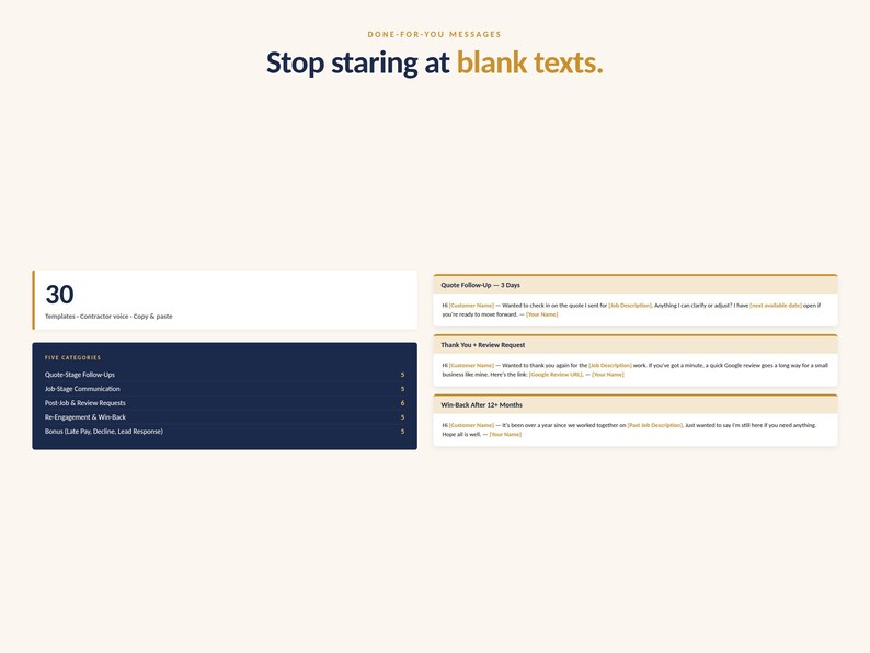 May include: A digital graphic with the text "Stop staring at blank texts." The image features a list of 30 templates, with five categories listed in a dark blue box. The background is a light beige colour.