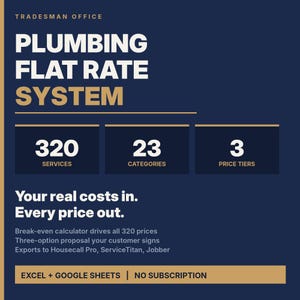 Plumbing Flat Rate Price Book System, 320 Services, Break Even Calculator, Quote Builder, Excel and Google Sheets, Instant Download image 1