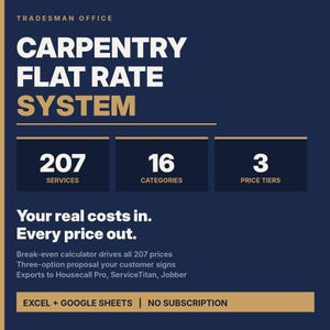 May include: A dark blue digital graphic for a Carpentry Flat Rate System by Tradesman Office. It features 207 services, 16 categories, and 3 price tiers. Text includes: Your real costs in. Every price out. Excel + Google Sheets, no subscription.