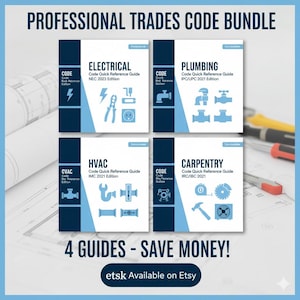 May include: A collection of four professional trades code reference guides for electrical, plumbing, HVAC, and carpentry. Each guide has a navy blue cover with white text and tool illustrations. The text reads "Professional Trades Code Bundle".