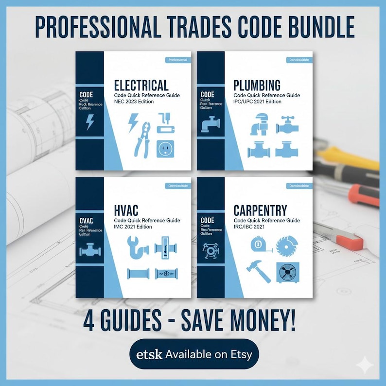 May include: A collection of four professional trades code reference guides for electrical, plumbing, HVAC, and carpentry. Each guide has a navy blue cover with white text and tool illustrations. The text reads "Professional Trades Code Bundle".