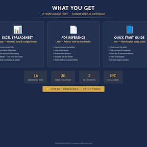 May include: A digital download graphic on a navy blue background. The image details three professional files: an Excel spreadsheet, a PDF reference, and a quick start guide. The text includes "Instant Download - Print Today."