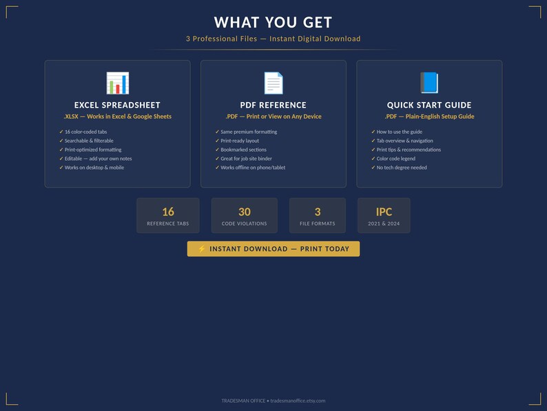 May include: A digital download graphic on a navy blue background. The image details three professional files: an Excel spreadsheet, a PDF reference, and a quick start guide. The text includes "Instant Download - Print Today."