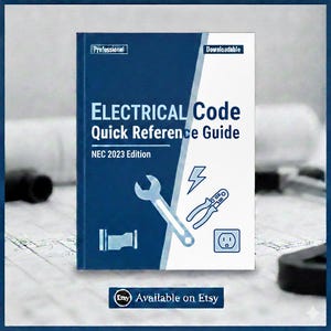 Könnte beinhalten: Ein blau-weißes Buch mit dem Titel "ELECTRICAL Code Quick Reference Guide NEC 2023 Edition". Das Cover zeigt einen Schraubenschlüssel, eine Zange, einen Blitz und ein Steckdosensymbol. Das Buch ist mit "Professional" und "Downloadable" gekennzeichnet.