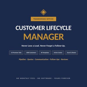 May include: A navy blue graphic with the text "TRADESMAN OFFICE" and "CUSTOMER LIFECYCLE MANAGER" in white and gold. Additional text includes "Never Lose a Lead. Never Forget a Follow-Up." and feature descriptions.