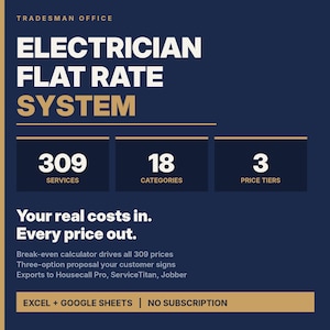 May include: A dark blue digital graphic titled Tradesman Office Electrician Flat Rate System. It lists 309 services, 18 categories, and 3 price tiers. Text includes Your real costs in. Every price out. It mentions Excel, Google Sheets, and no subscription.