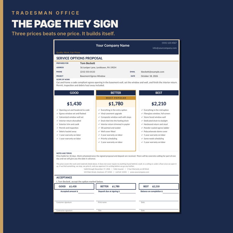 May include: A Service Options Proposal document titled Tradesman Office The Page They Sign. It features a table with Good, Better, and Best pricing tiers for a basement egress window project, including client details, scope of work, and an acceptance section.