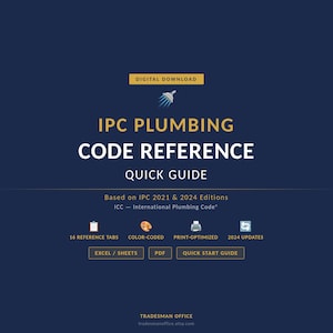 Może przedstawiać: Granatowy cyfrowy plik do pobrania z tekstem "IPC Plumbing Code Reference Quick Guide". Przewodnik oparty jest na wydaniach IPC 2021 i 2024 i zawiera 16 zakładek referencyjnych, kodowanie kolorami i optymalizację druku.