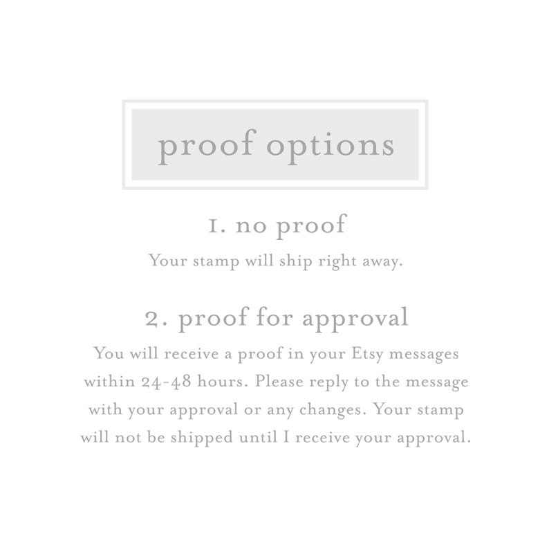 Może przedstawiać: Tekst na białym tle, kt&oacute;ry brzmi "proof options".  Pod tytułem znajdują się dwie opcje zamawiania niestandardowej pieczątki: "1. no proof" i "2. proof for approval".  Tekst wyjaśnia, że ​​w przypadku opcji "no proof" pieczątka zostanie wysłana natychmiast.  W przypadku opcji "proof for approval" kupujący otrzyma projekt pieczątki w ciągu 24-48 godzin i będzie m&oacute;gł zażądać zmian przed wysłaniem pieczątki.