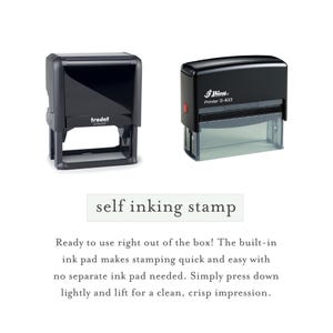 May include: Two black self-inking stamps, one labeled Trodat Printy 4915 and the other labeled Shiny Printer S-833. The text below reads: self inking stamp. Ready to use right out of the box! The built-in ink pad makes stamping quick and easy.