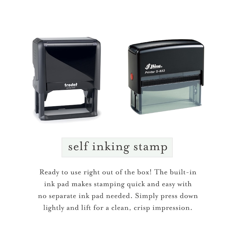 May include: Two black self-inking stamps, one labeled Trodat Printy 4915 and the other labeled Shiny Printer S-833. The text below reads: self inking stamp. Ready to use right out of the box! The built-in ink pad makes stamping quick and easy.