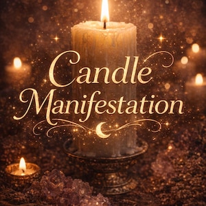 Könnte beinhalten: Eine brennende Kerze mit dem Schriftzug "Candle Manifestation". Die Kerze steht auf einem dekorativen Ständer, umgeben von anderen Kerzen und funkelnden Lichtern, die eine warme Atmosphäre schaffen. Das Bild hat ein mystisches Thema.