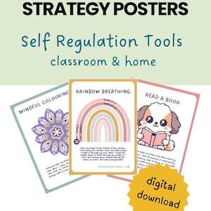 Peut inclure: Ensemble d'affiches de stratégie Calm Corner avec le texte « Outils d'autorégulation en classe et à la maison ». Les affiches incluent « Coloriage conscient », « Respiration arc-en-ciel » et « Lire un livre ». Une étoile jaune indique « téléchargement numérique ».
