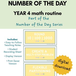 Può includere: Un download digitale per la routine matematica di 4a elementare, parte della "Serie Number of the Day". L'immagine presenta tre schede rettangolari gialle con problemi di matematica: "Arrotonda", "Crea un problema a più passaggi" e "Partizionamento flessibile". Include note didattiche.