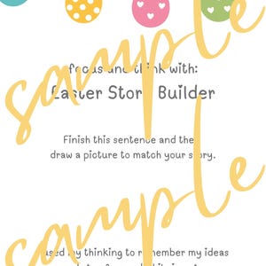 May include: A white Easter-themed worksheet with colorful egg illustrations and text. The worksheet includes prompts for creative writing and drawing, with a banner of pastel flags at the top. The word "sample" is written across the image.