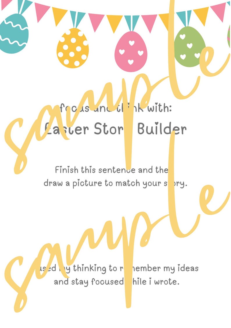 May include: A white Easter-themed worksheet with colorful egg illustrations and text. The worksheet includes prompts for creative writing and drawing, with a banner of pastel flags at the top. The word "sample" is written across the image.