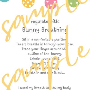 May include: White poster with the text "Bunny Breathing" and instructions for deep breathing exercises. The poster has a banner of Easter eggs and the word "sample" in a yellow script.