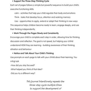 May include: A white page with black text titled "For Parents: How to use this journal." The text outlines a three-step thinking cycle, encouraging parents to support their child's learning and thinking skills.