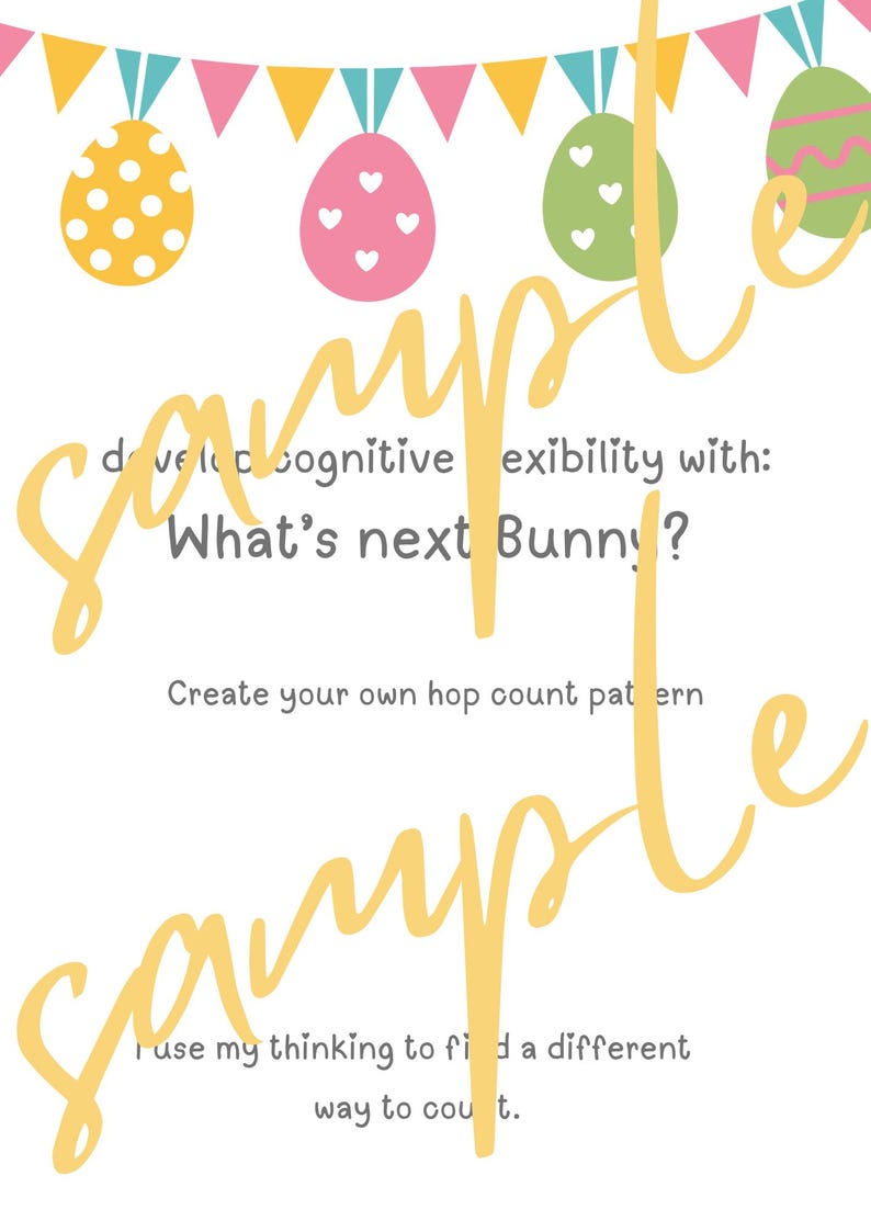 May include: A white educational poster with the text "What's next Bunny?" and "Create your own hop count pattern." The poster has a banner of colorful Easter eggs and pennants.