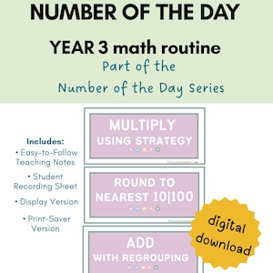 Può includere: Un download digitale per una routine matematica di 3a elementare, parte della "Number of the Day Series". L'immagine presenta testo tra cui "Moltiplicare usando la strategia", "Arrotondare al 10|100 più vicino" e "Aggiungere con raggruppamento".