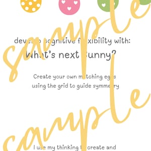 May include: White Easter-themed educational printable with colorful egg illustrations and text. The text reads "What's next Bunny?" and encourages cognitive flexibility. Includes a banner of colorful triangles and eggs.