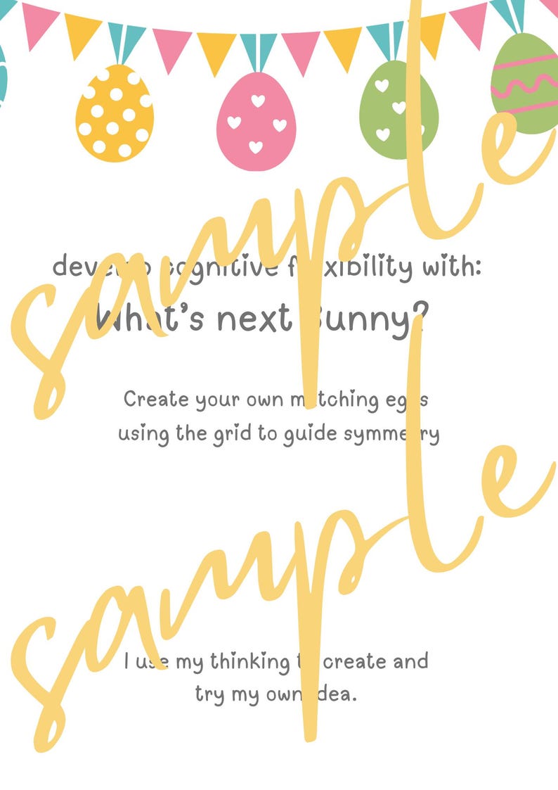 May include: White Easter-themed educational printable with colorful egg illustrations and text. The text reads "What's next Bunny?" and encourages cognitive flexibility. Includes a banner of colorful triangles and eggs.