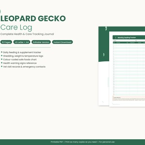 Op de afbeelding: Een afdrukbaar Leopard Gecko Care Log met een groen en wit ontwerp. Het journaal bevat een dagelijkse voedingsvolger, vervellings- en gewichtslogboeken, een veilige voedselkaart, een referentie voor gezondheidswaarschuwingssignalen en dierenartsbezoekrecords.